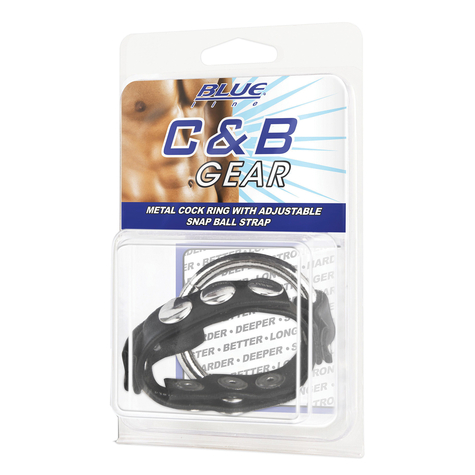 Blue line c&b gear metal cock ring with adjust. Snap ball strap