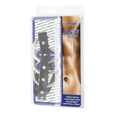 Blue line c&b gear triple metal cock ring with adjust. Snap ball strap