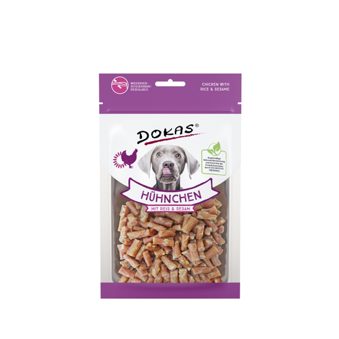 Dokas dry snacks, poulet pour chien dokas + riz + sésame 70g